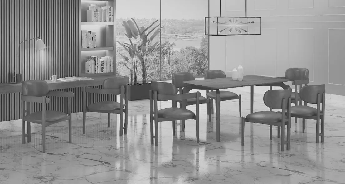 Sala de jantar com janela panorâmica, estante, mesas e cadeiras estofadas.