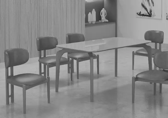 Sala de jantar com painel ripado, mesa retangular e cadeiras estofadas.