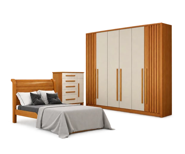 Dormitório Anápolis Ripado: guarda-roupa com portas ripadas, cômoda e cama de casal em madeira clara.