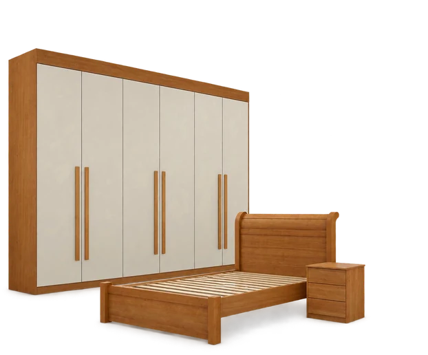Dormitório Gramado: guarda-roupa amplo em madeira e branco, com cama de casal e criado-mudo combinando.
