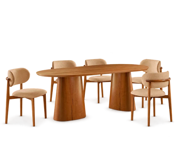 Conjunto Montreal + Lais: mesa oval de madeira com base cônica e seis cadeiras estofadas.