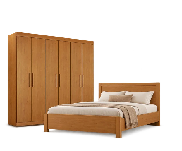 Dormitório Ubatuba 6 Portas: guarda-roupa de seis portas em madeira e cama de casal combinando.