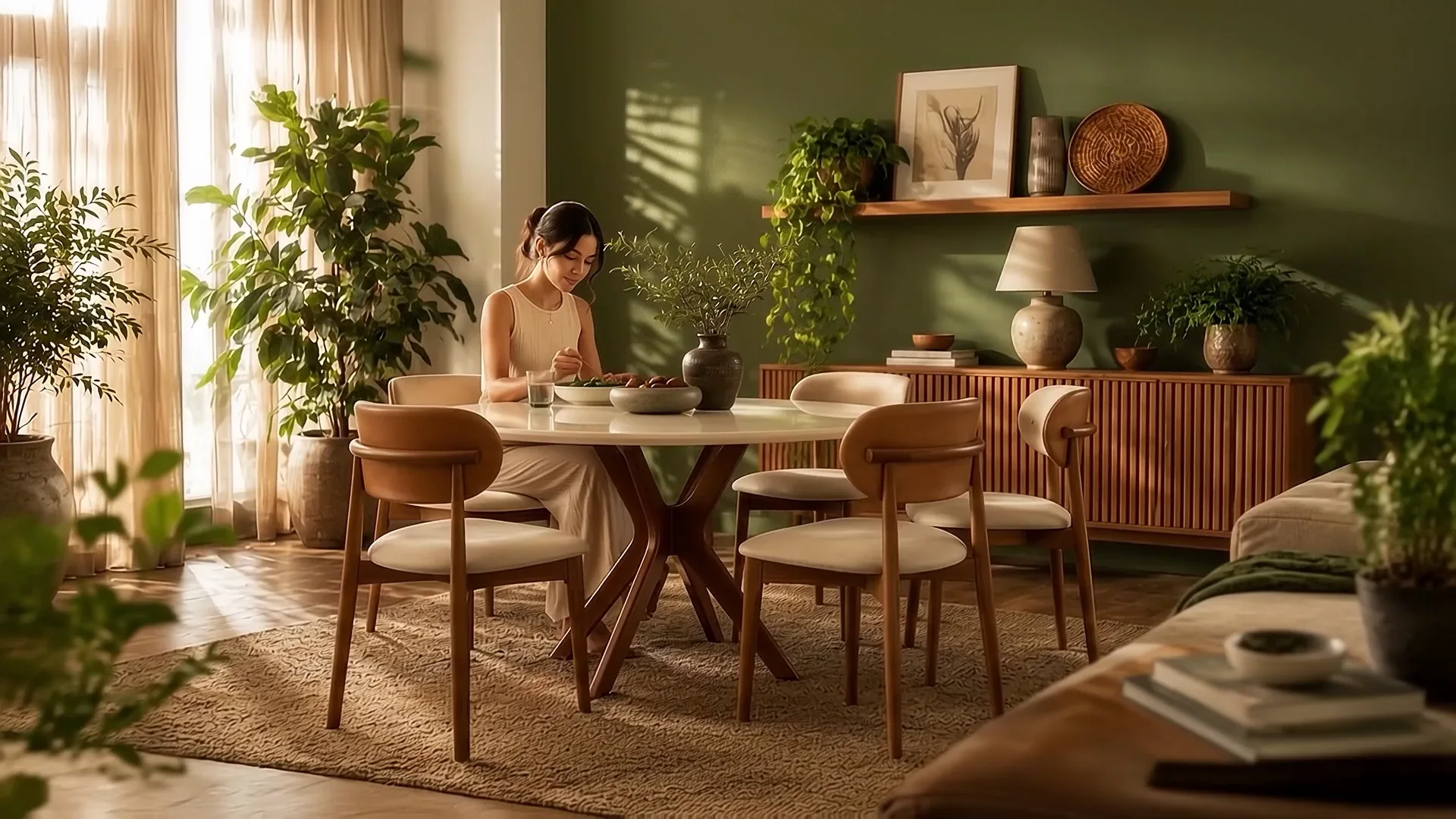 Sala de jantar aconchegante com mesa redonda de madeira, cadeiras estofadas e uma mulher sentada à mesa, em ambiente com parede verde e plantas.